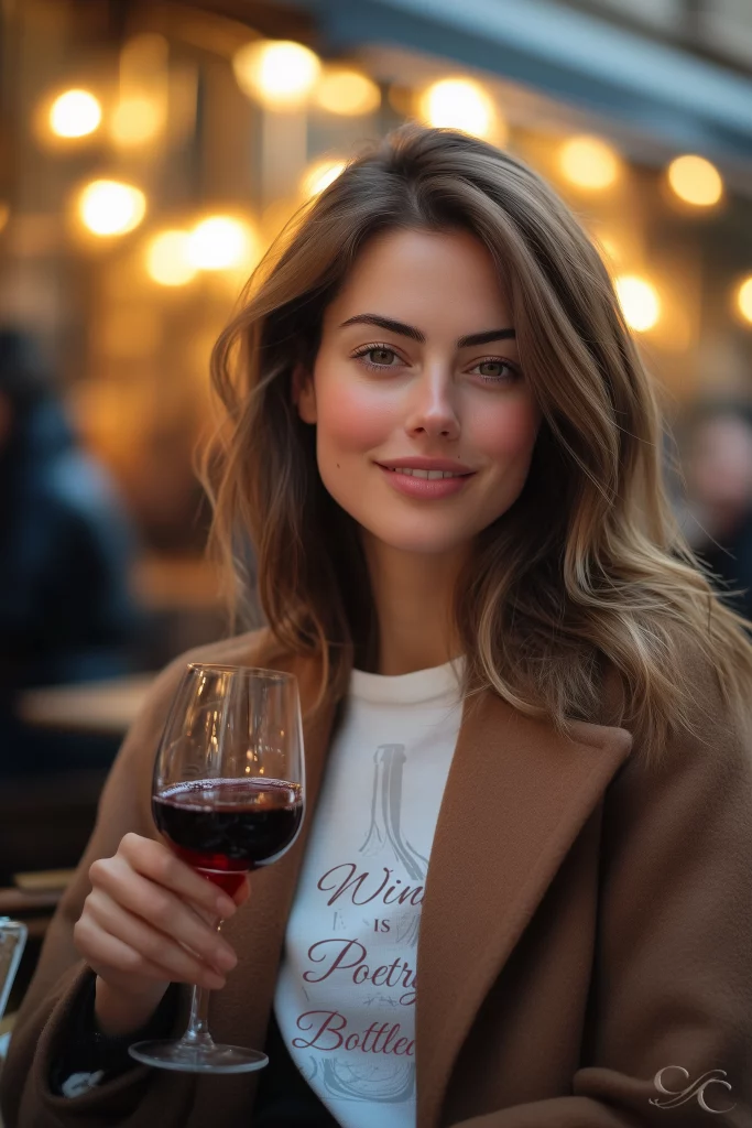 Sipping wine at a cozy Parisian cafe with warm ambient lighting
