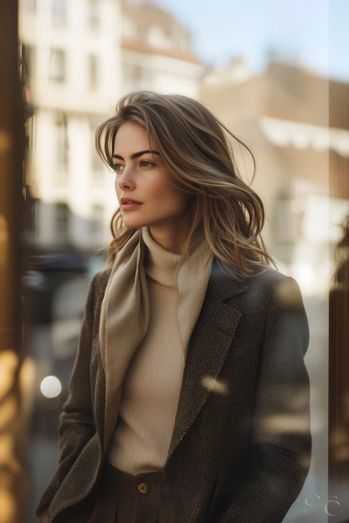 Standing in the city wearing a stylish coat and scarf