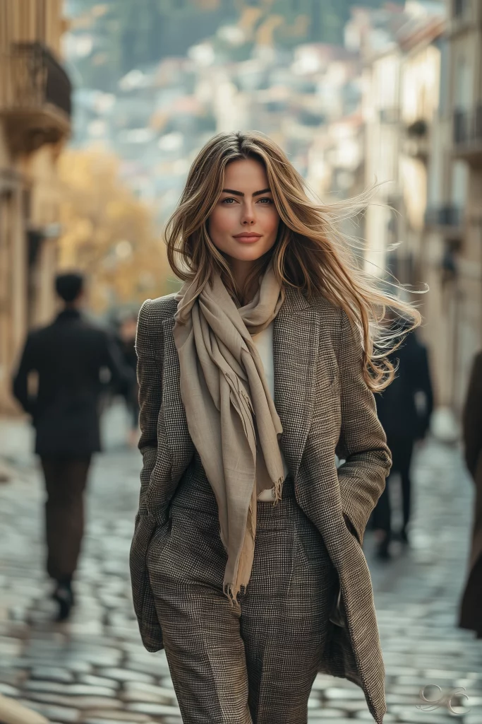 strolling confidently down a charming cobblestone street with autumn leaves falling gently