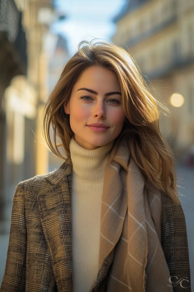 strolling through a sunlit european street in elegant autumn attire