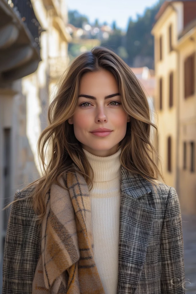 Walking confidently down a charming sunlit street in elegant attire