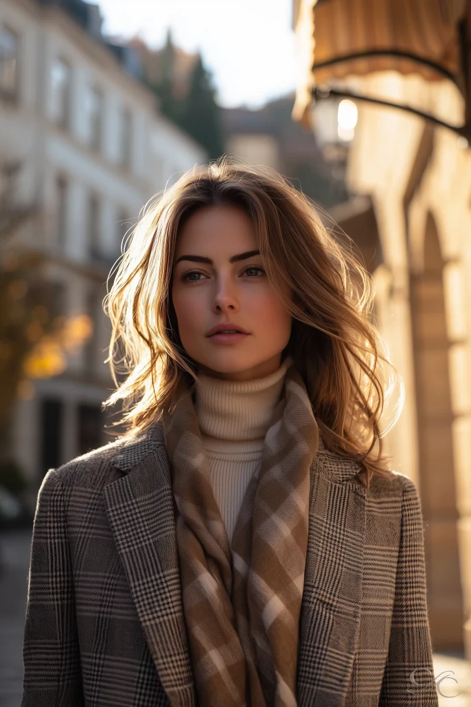 Walking gracefully along a sunlit city street in fashionable clothing