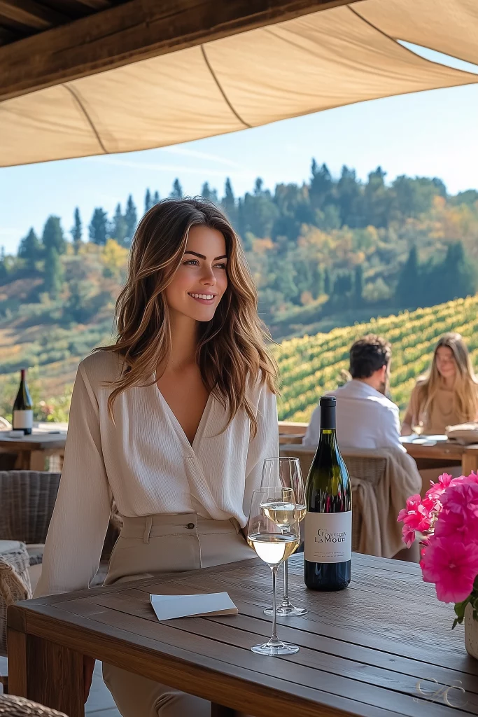 Smiling while enjoying wine at an outdoor vineyard terrace with scenic views