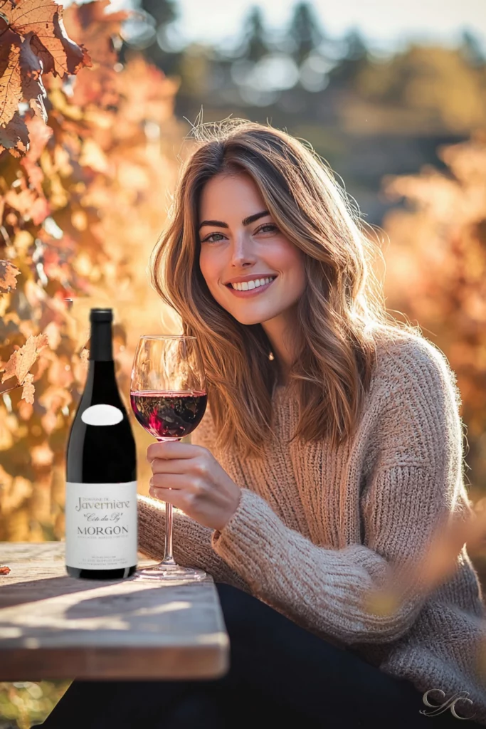 Camille Clouzeau tasting Morgon Beaujolais wine in Villié-Morgon vineyard