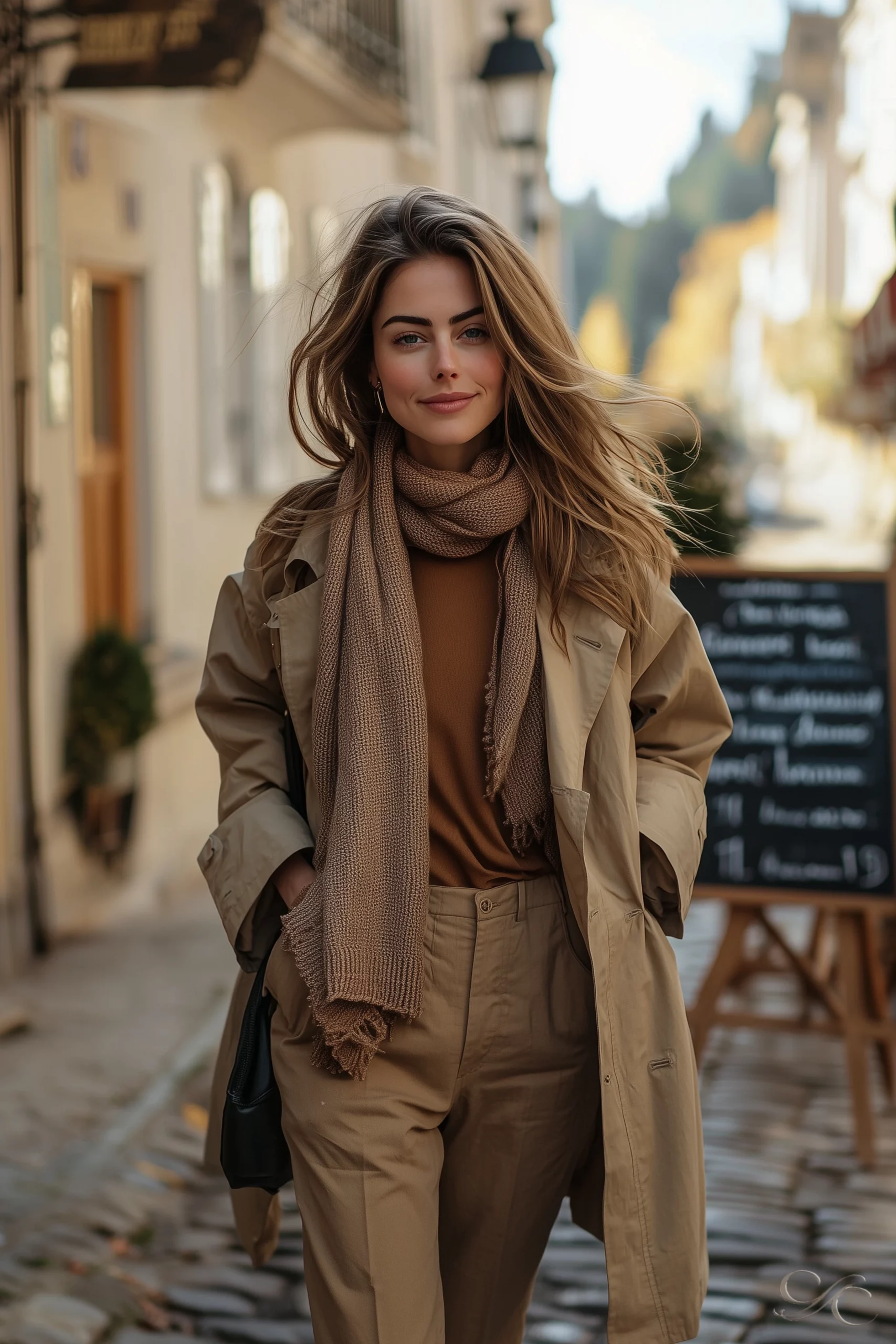 Strolling through a picturesque street wearing an elegant autumn outfit