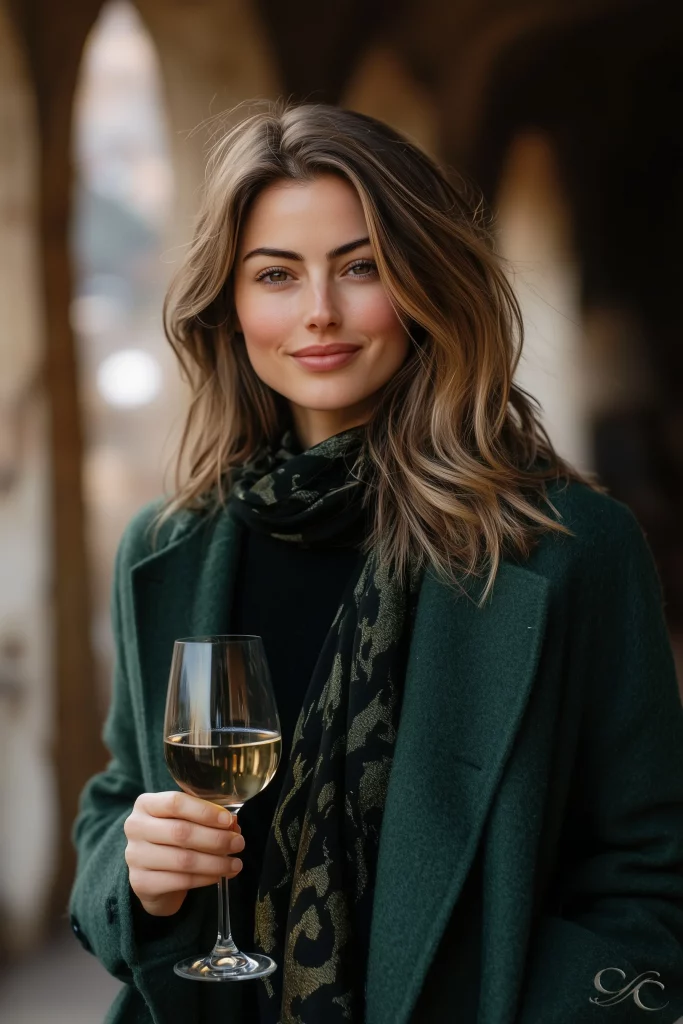 Camille holding a glass of Alsace white wine in Andlau, wearing a deep green coat and patterned scarf, standing beneath stone arches.