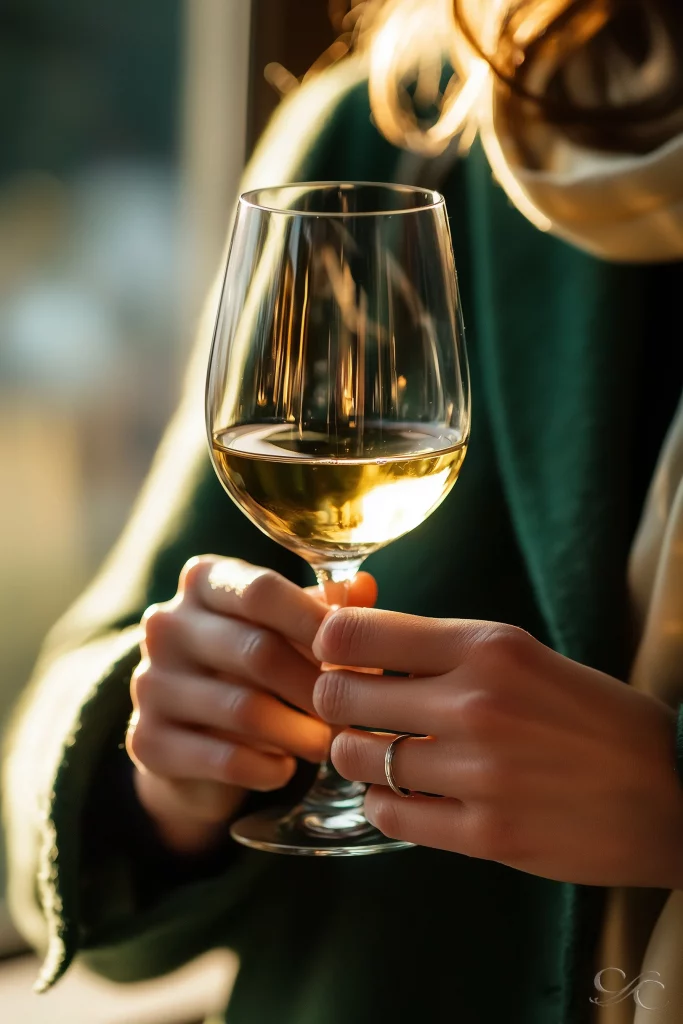Close-up of a glass of Alsace white wine held in warm sunlight during a tasting in Andlau.
