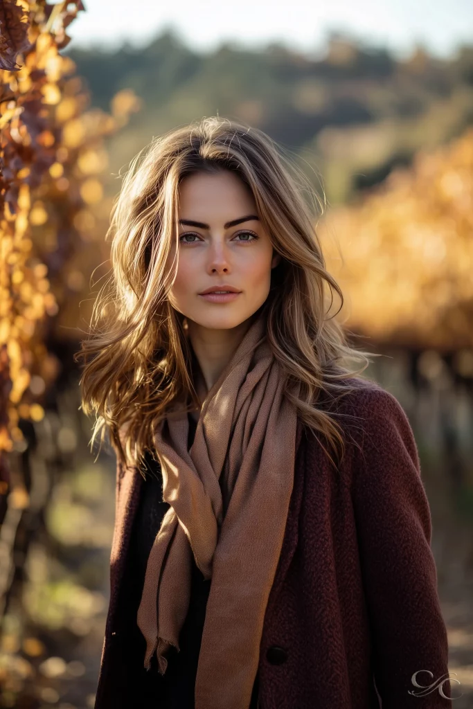 A person stands in a vineyard, wearing a coat and scarf, surrounded by autumn foliage.