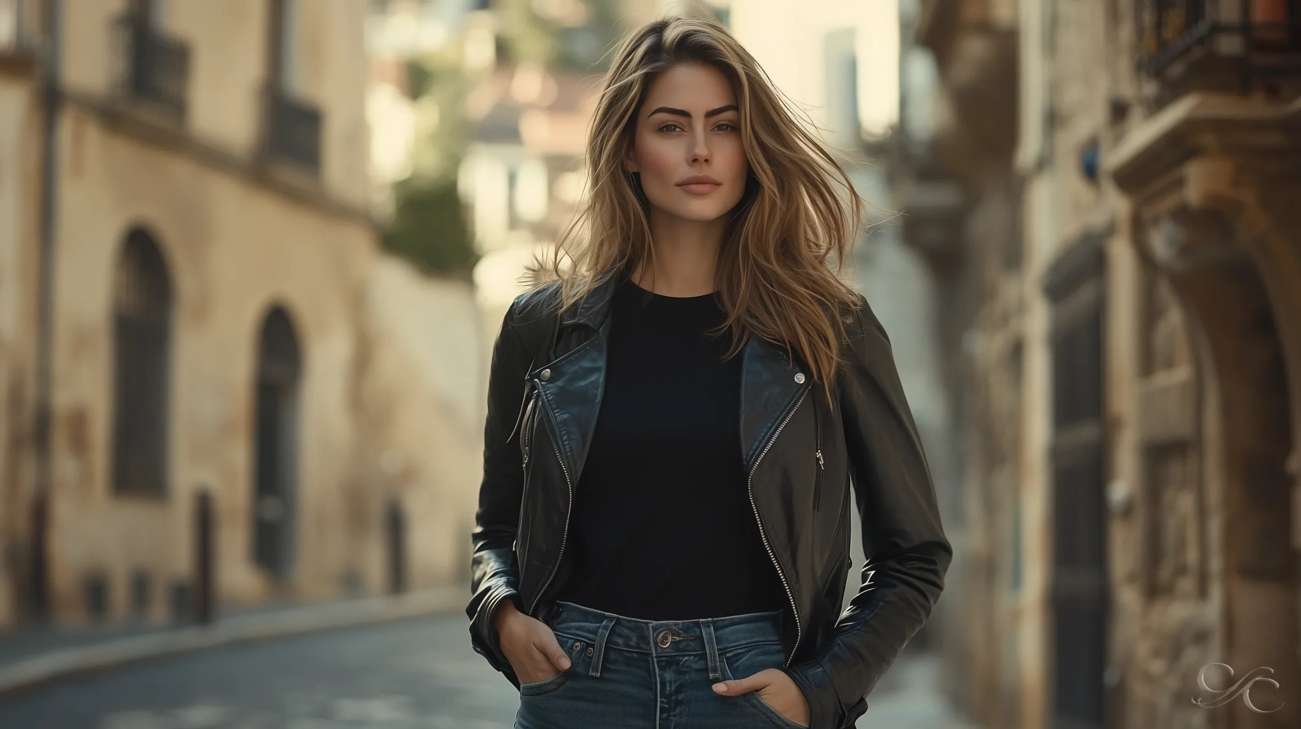 A person in a jacket stands confidently on a narrow, historic street.