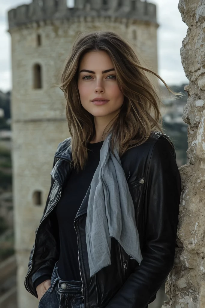 A person stands outdoors near a stone tower, wearing a scarf and jacket