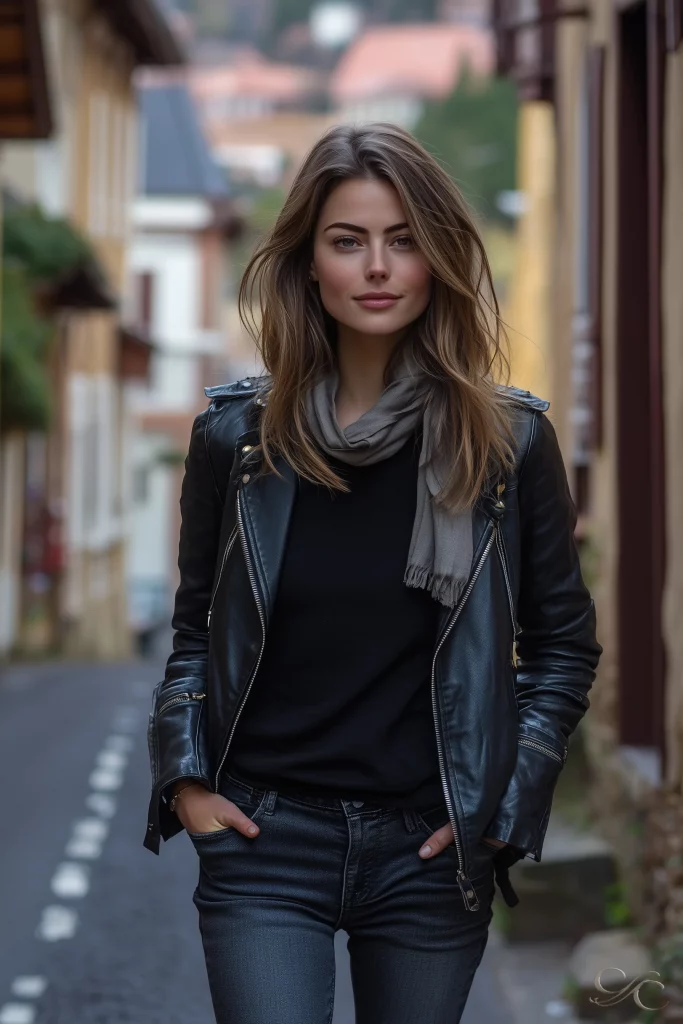 A person in a leather jacket walks confidently down a quaint, narrow street