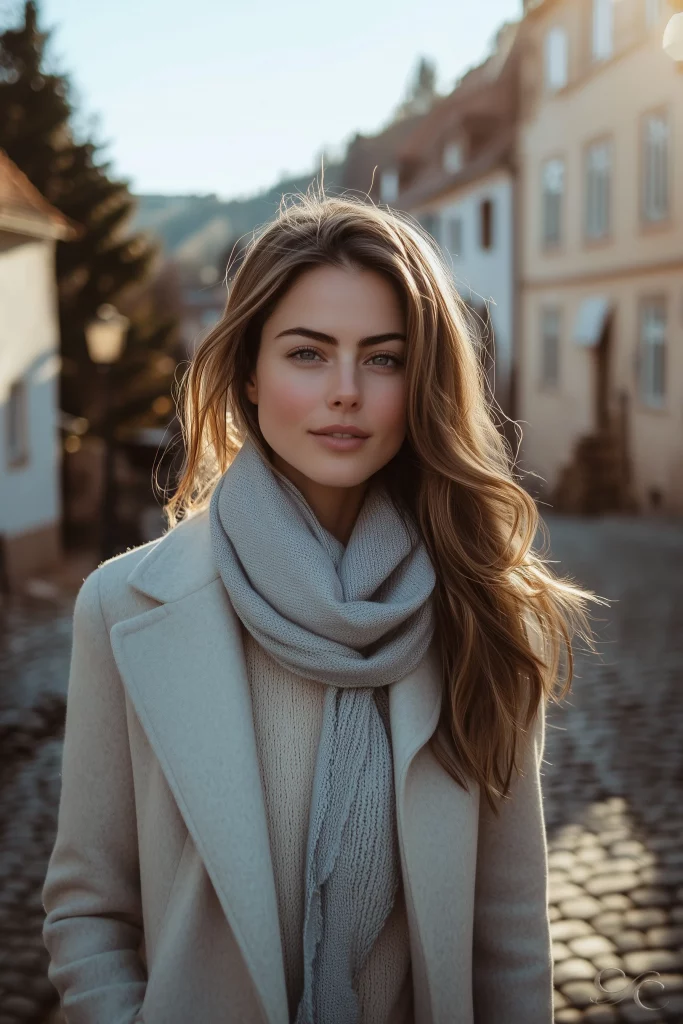 Camille walking along a cobblestone street in Mittelbergheim, wearing a light coat and scarf, with traditional village houses in the background.