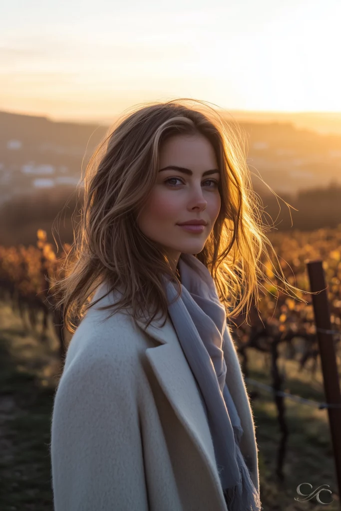Camille standing in the vineyards above Mittelbergheim at sunset, golden light illuminating the vines and surrounding hills.