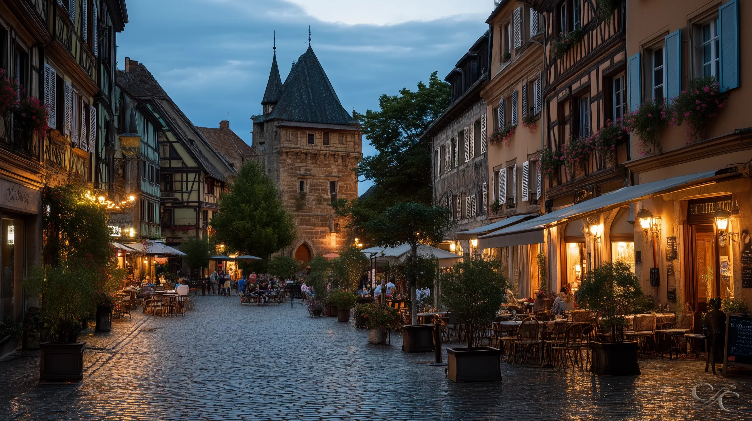 People sitting at outdoor cafes along a cobblestone street in a historic town.