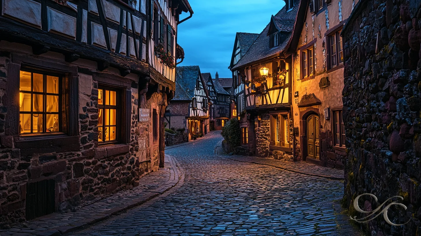 A cobblestone street lined with half-timbered houses warmly lit during twilight.
