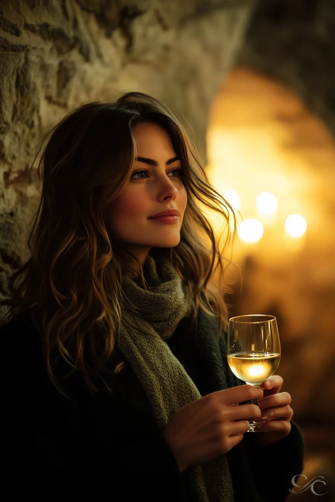 A person holding a glass of wine in a warmly lit stone-walled setting