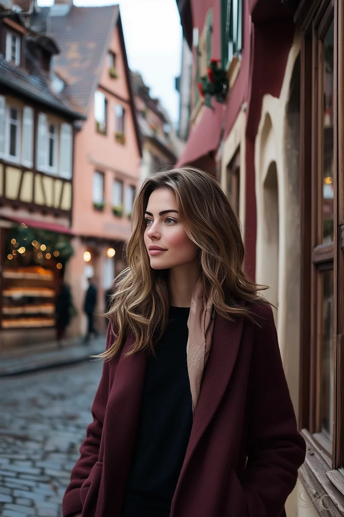 A person in a coat walks through a charming street with colorful buildings.