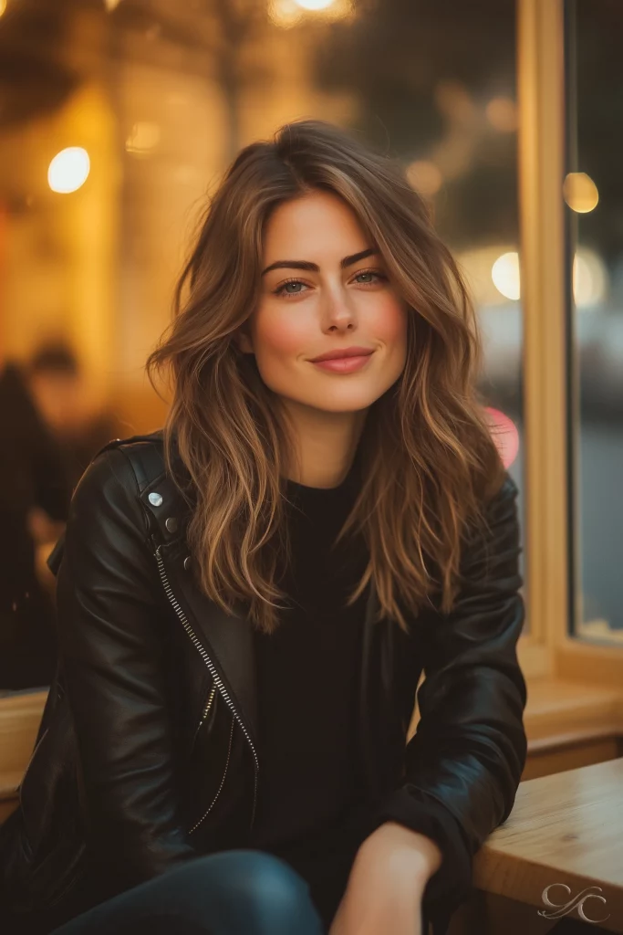 Person sitting by a window in a warmly lit café, wearing a leather jacket.