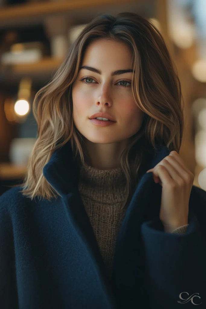 A person in a coat gazes thoughtfully indoors, surrounded by warm, soft lighting
