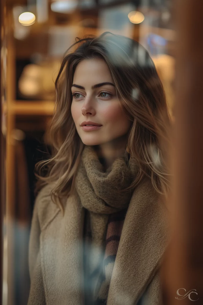 A person in a coat gazes thoughtfully outside, surrounded by soft ambient lighting