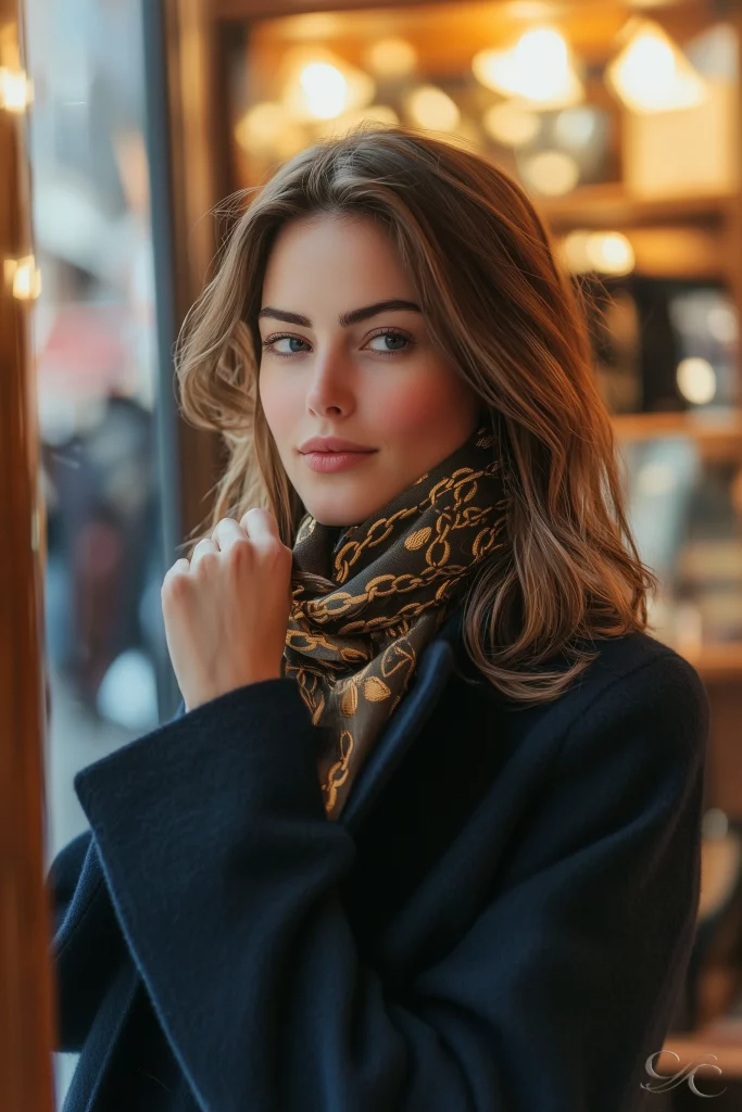 A person in a coat stands indoors, near a softly lit window.