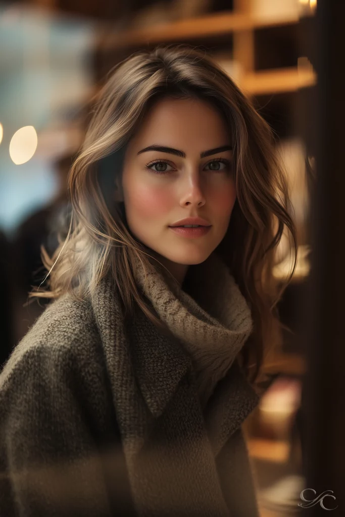 A person in a cozy coat stands indoors with warm ambient lighting.