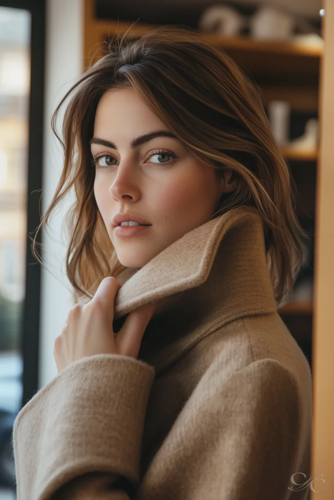 A person in a warm coat stands indoors, softly lit by nearby window light