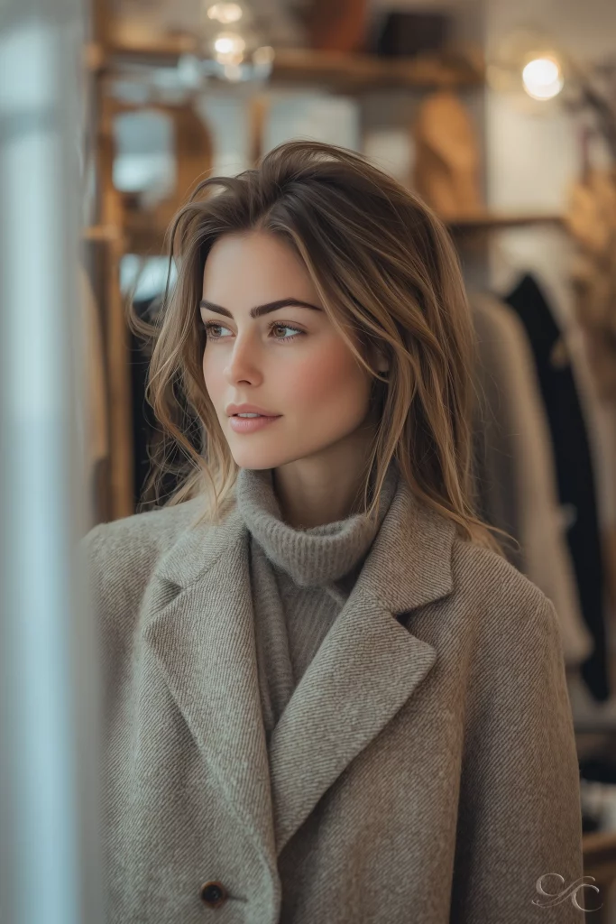 A person stands indoors wearing a coat, looking outside through a softly lit window