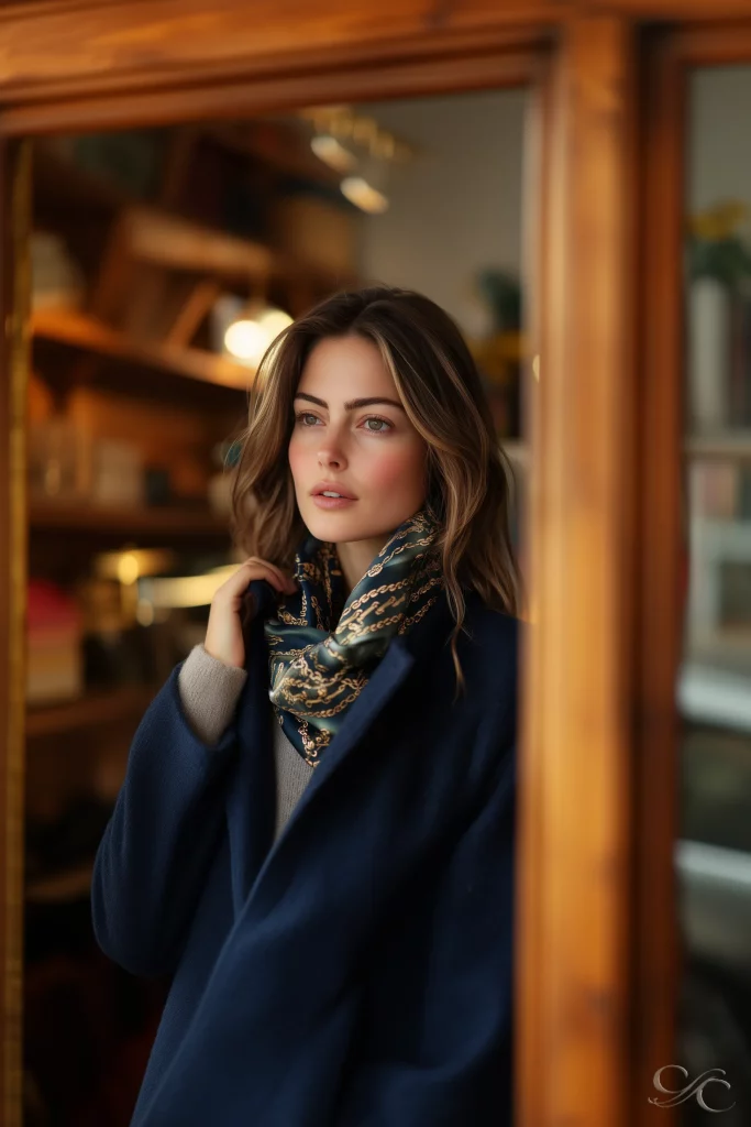 Browsing in a cozy bookstore wearing a stylish scarf and elegant coat