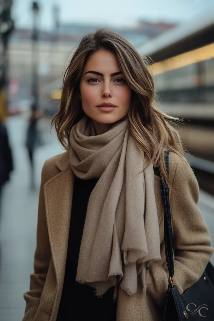Camille arriving at Strasbourg train station in a camel coat and scarf, standing on the platform in cool early-winter light.