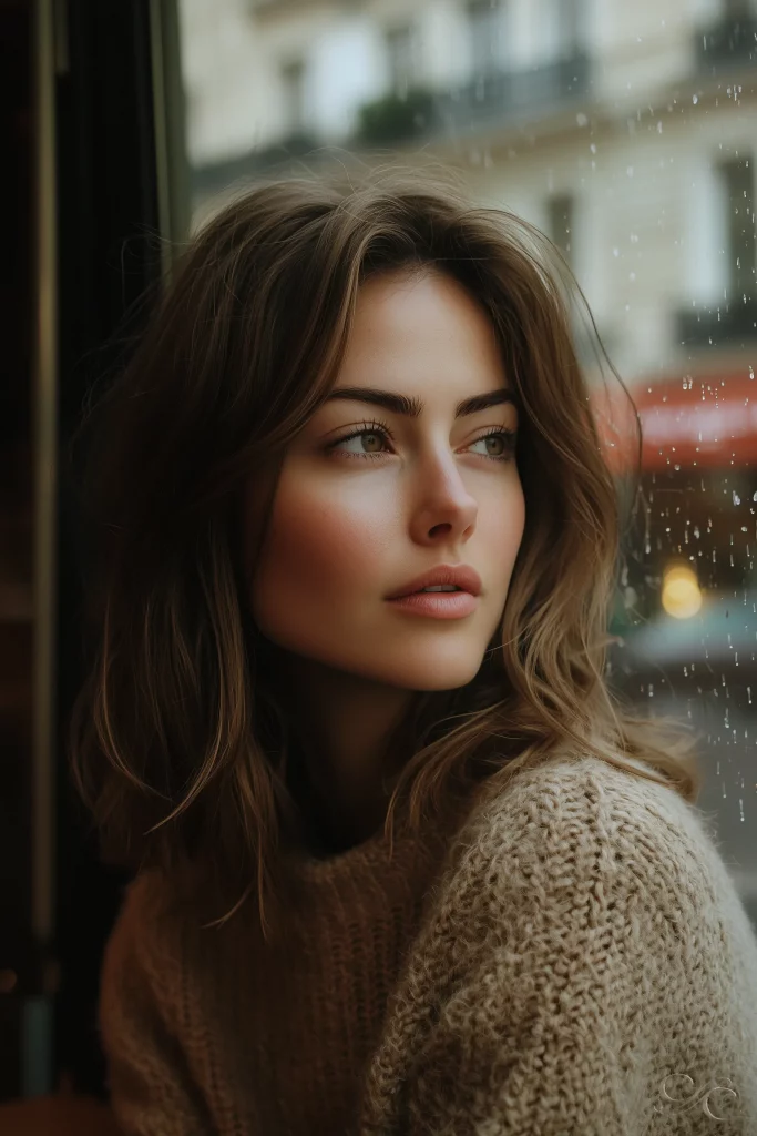 Camille standing in Strasbourg’s cathedral square on a crisp autumn day, wearing a camel coat and knit scarf with soft golden light around her hair.