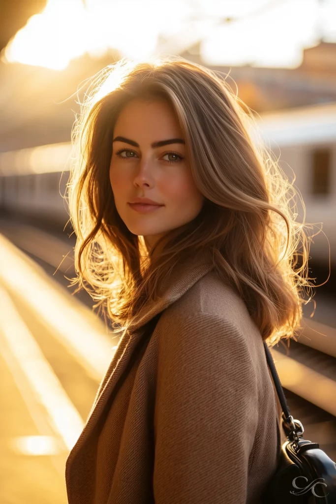 Camille on the platform at Strasbourg train station at sunset, dressed in a camel travel coat with her bag over one shoulder and trains in the background.