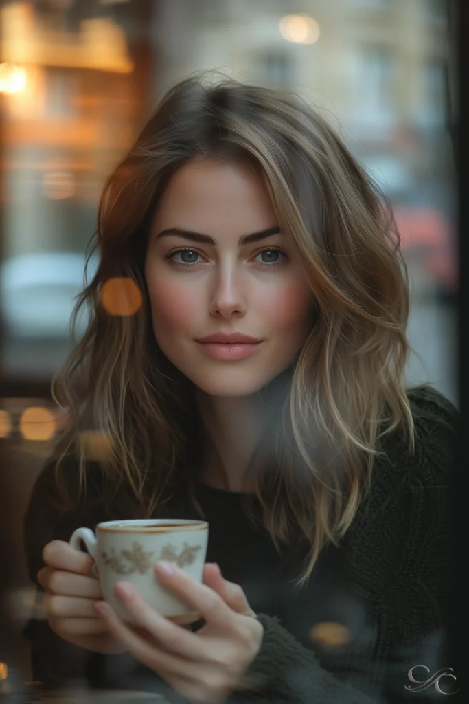 Camille sitting by a window in a Strasbourg café, holding a cup of coffee with soft reflections on the glass.