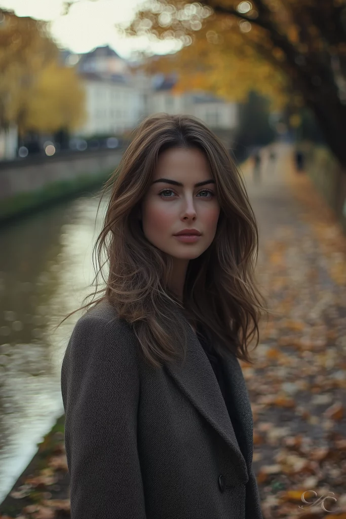 Camille strolling along the Ill River in Strasbourg, autumn leaves lining the canal and traditional Alsatian houses reflected in the water.
