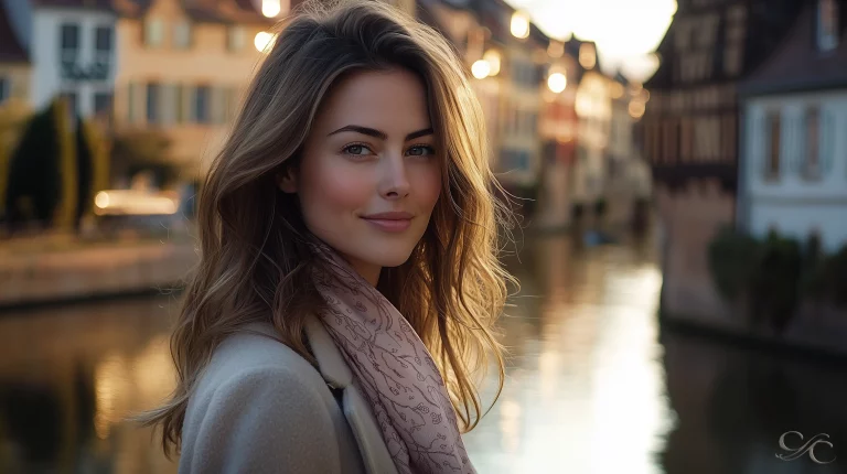 A person stands by a canal, surrounded by charming, illuminated buildings and reflections.