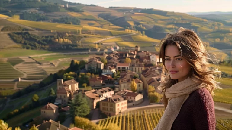Camille overlooking the medieval village of Oingt surrounded by autumn vineyards in Beaujolais, France