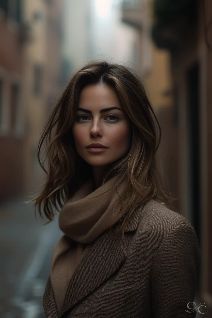 A woman in a coat and scarf stands in a narrow, atmospheric street.
