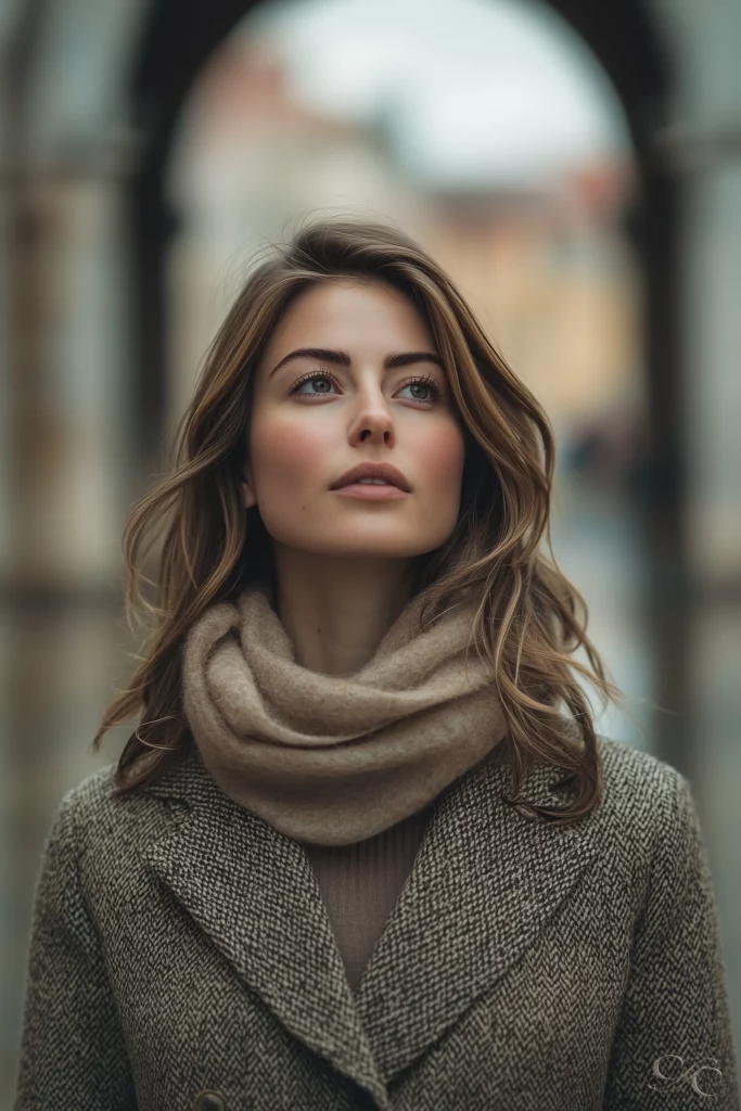 A woman stands outdoors, wearing a cozy scarf and coat, with blurred background.