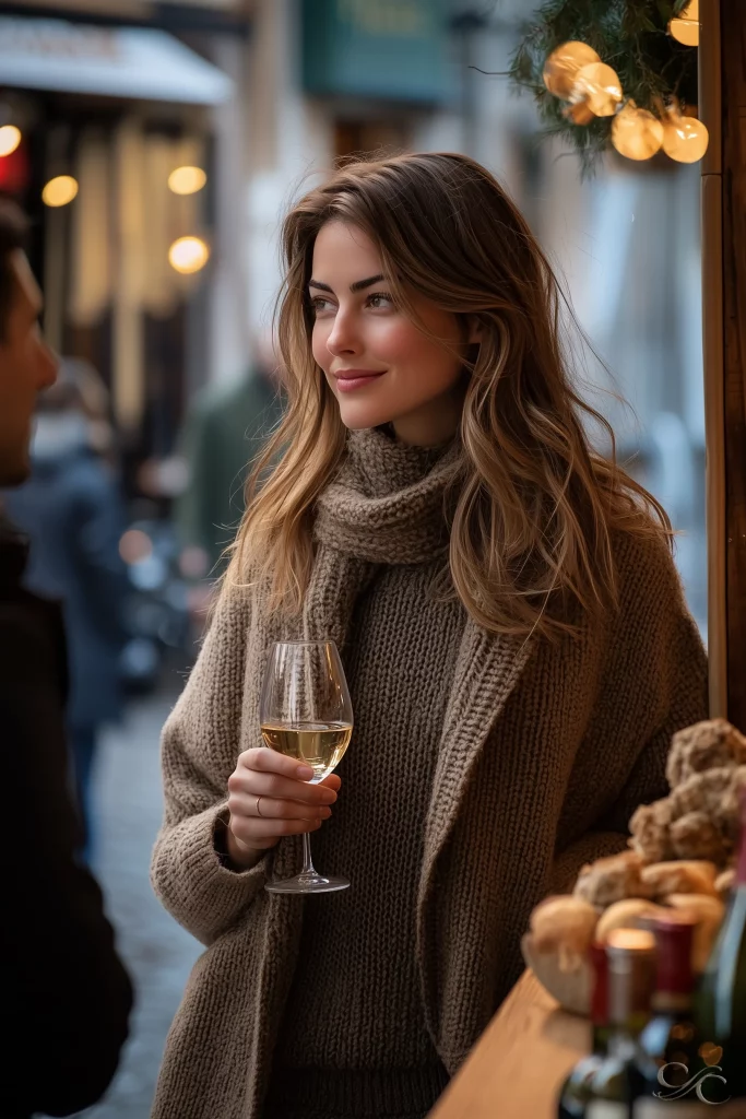 Camille enjoys a drink at an outdoor market, surrounded by cozy winter decorations.