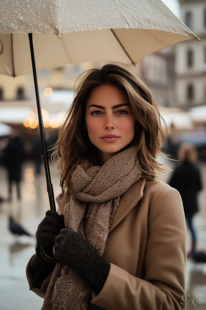 Camille holds an umbrella, standing outdoors in a city square on a rainy day