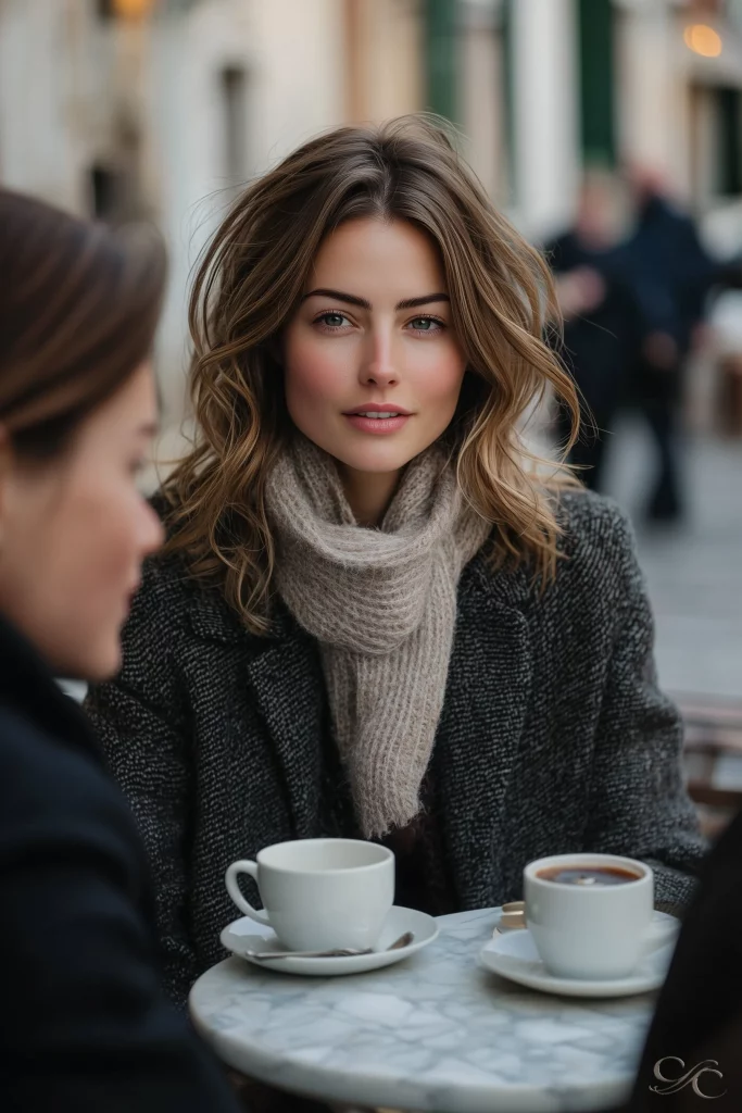 Camille sits at a café table outdoors, engaged in conversation, drinking coffee.