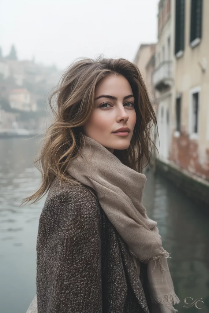 Camille stands by a canal, wearing a scarf and coat, with buildings in the background