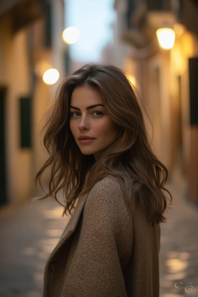 Camille stands in a dimly lit alley with blurred streetlights in the background.