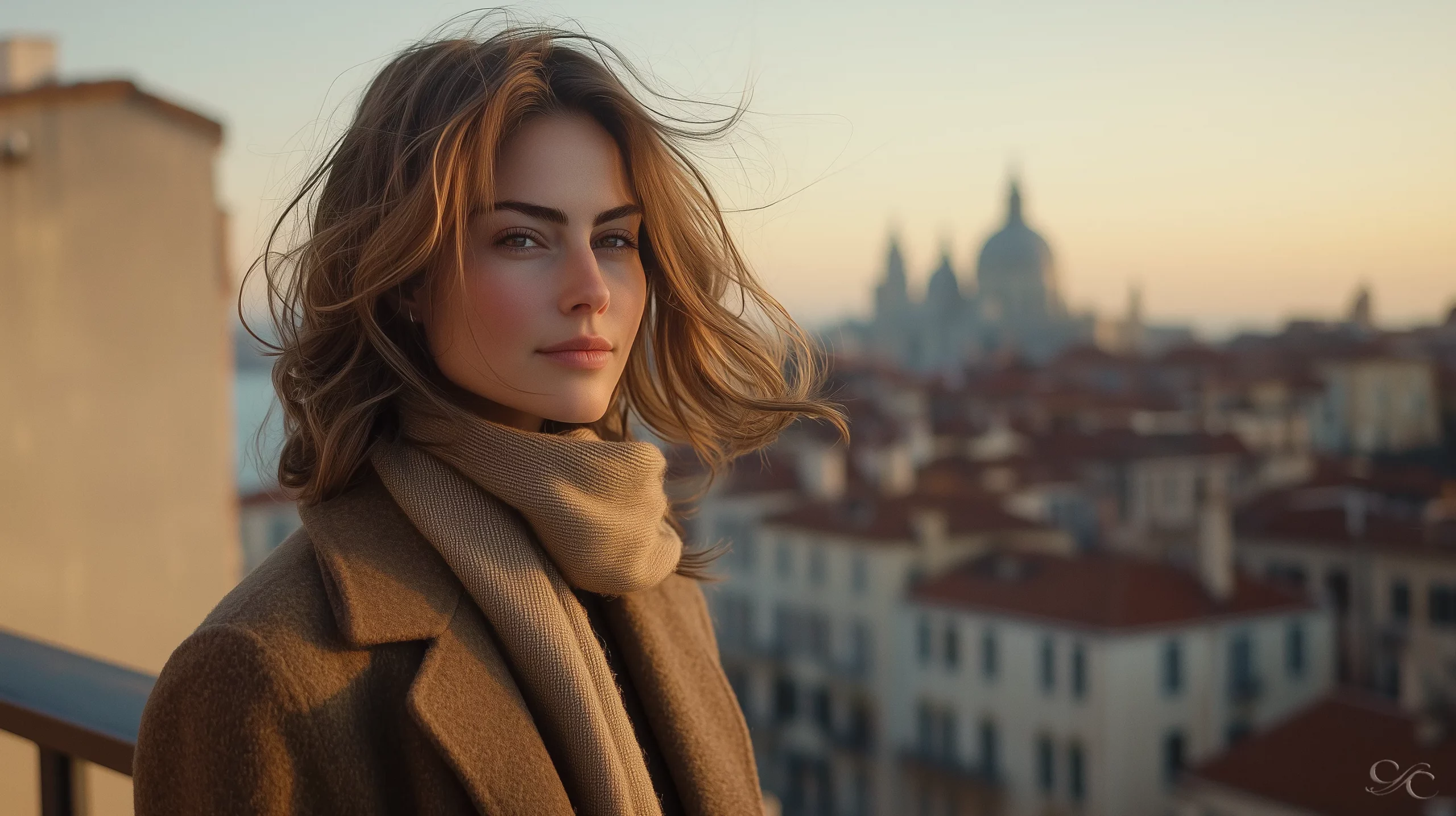 Camille stands on a rooftop overlooking a cityscape with distant domes at sunset