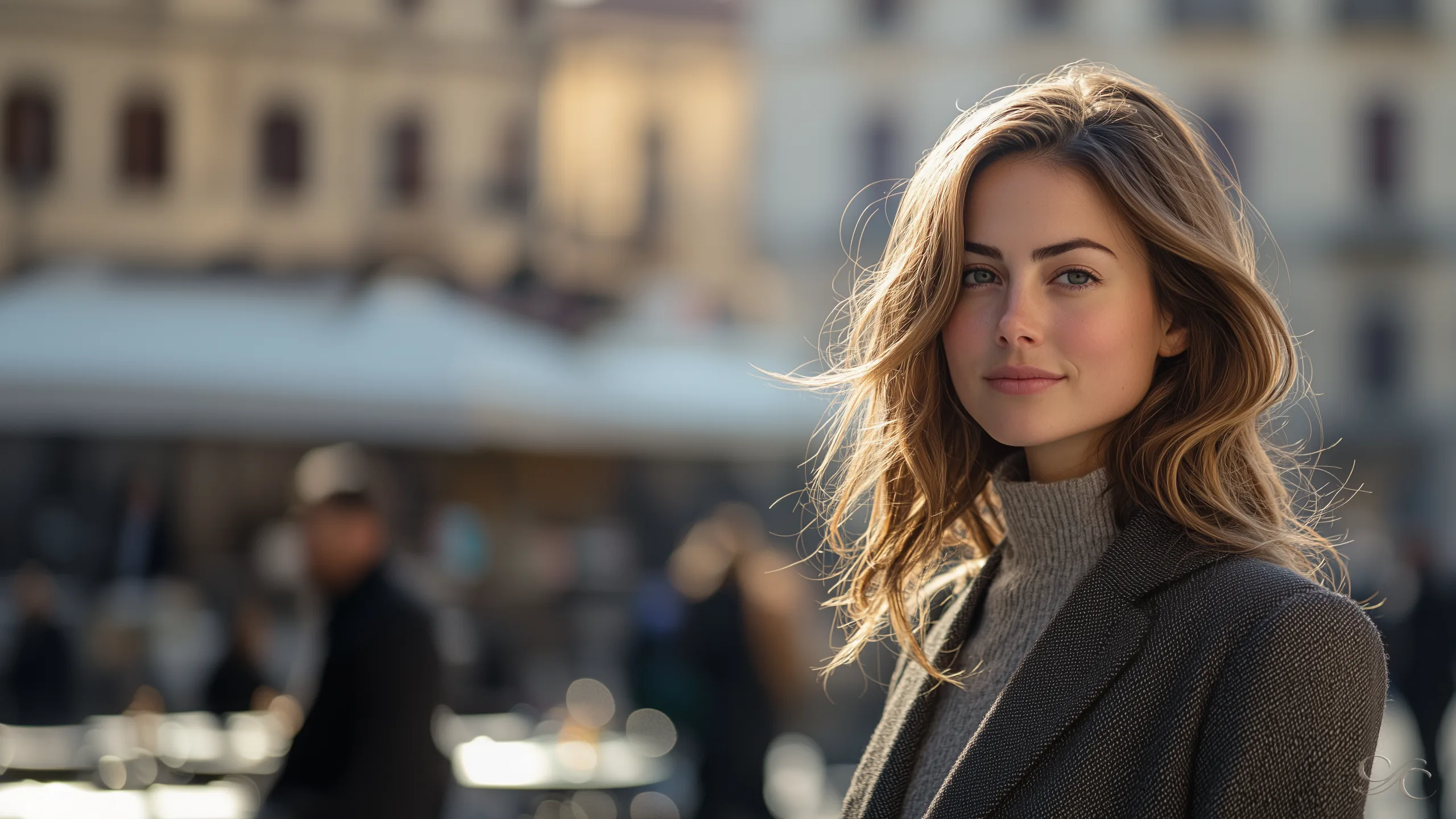 Camille stands outdoors in a bustling urban area with blurred buildings in the background