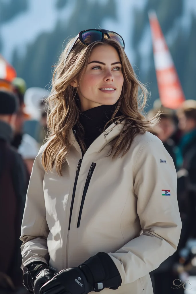 A woman in ski gear stands smiling outdoors with snowy mountains in the background