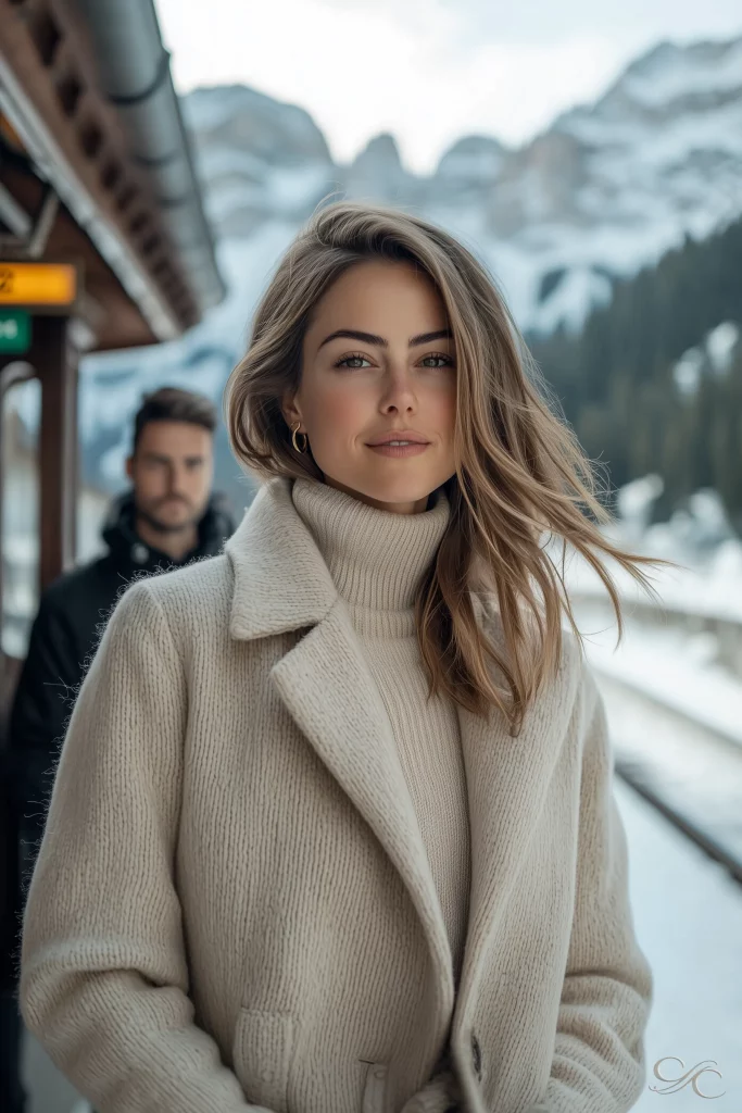 Camille in winter attire stands at a snowy mountain train station.
