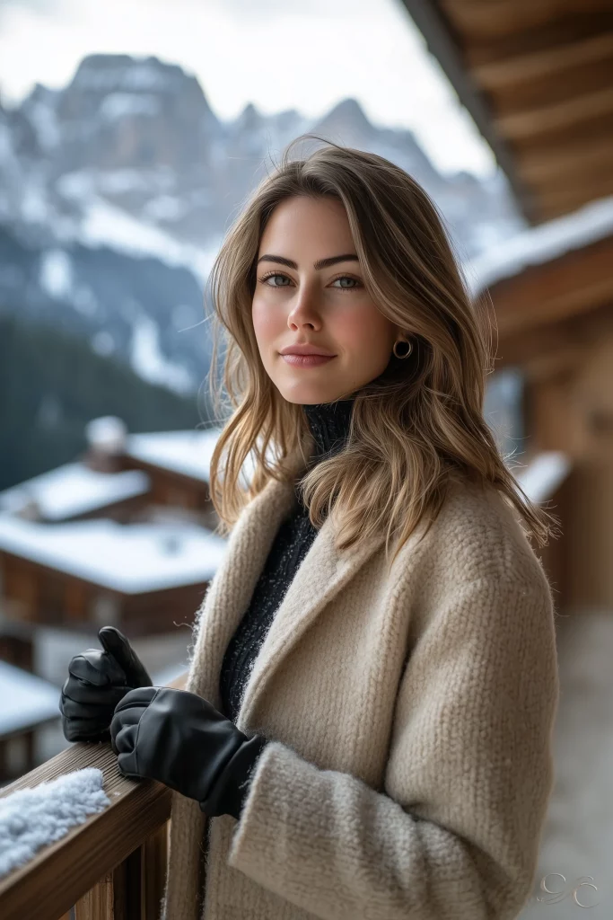 Camille stands on a snowy balcony, gazing at distant mountains in winter attire