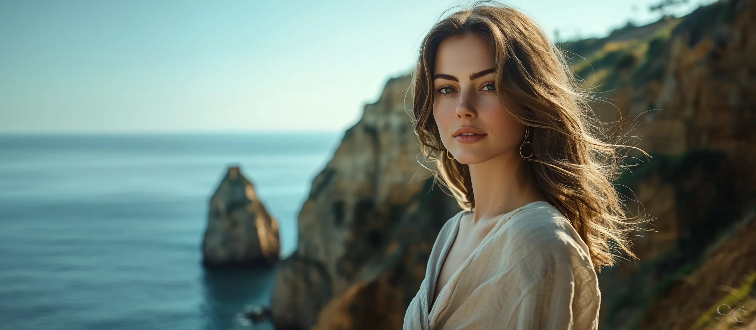 Camille stands by a cliffside, overlooking the ocean with gentle waves in view