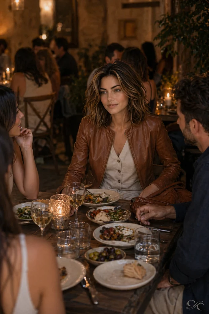A woman sits at a rustic table dining with friends in a warmly lit setting